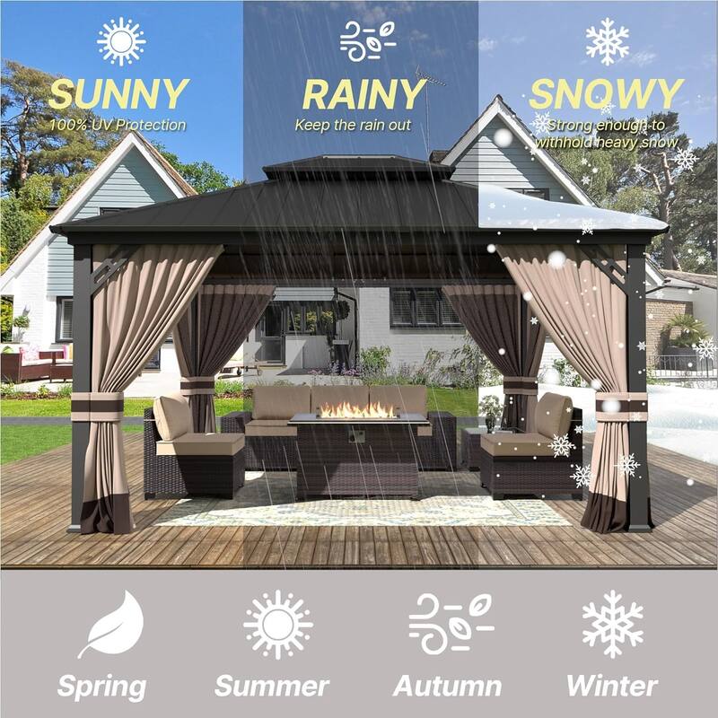 Kullavik Hardtop Gazebo w/ Galvanized Steel Roof & Aluminum Frame, New Outdoor Canopy w/ Mosquito Net & Curtain, Patio Pergola