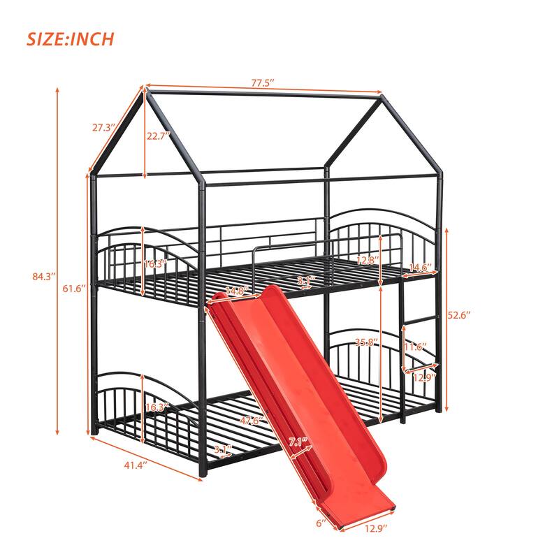 Twin Over Twin Metal Bunk Bed With Slide, Kids House Bed Metal Platform Bed Frame Divided into 2 Beds for Kids Teens Bedroom
