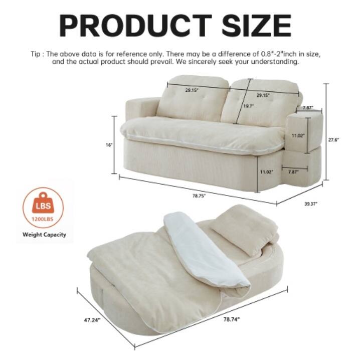 Modern Convertible Floor Sofa Bed with Corduroy Cushion, 2 Pillows & No Assembly