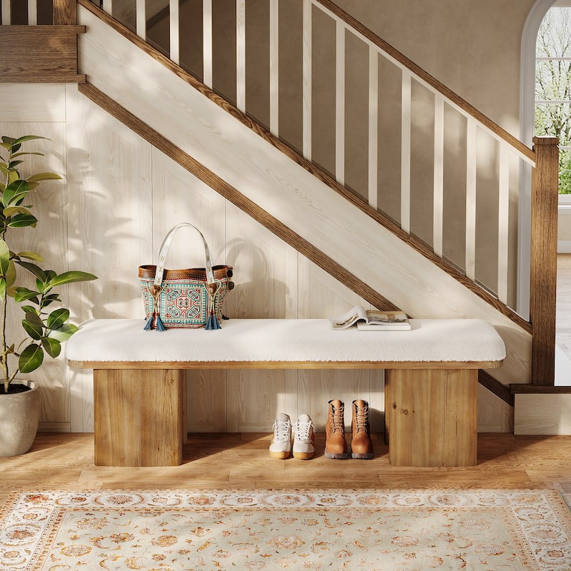 59.05-Inch Solid Wood Entryway Bench, Modern Upholstered End of Bed Bench, Long Ottoman for Bedroom, Entryway