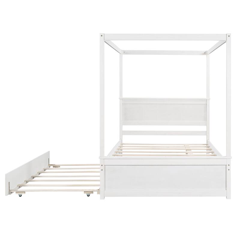 Full Size Canopy Platform Bed with Trundle, Solid Wood Frame, Support Slats Included