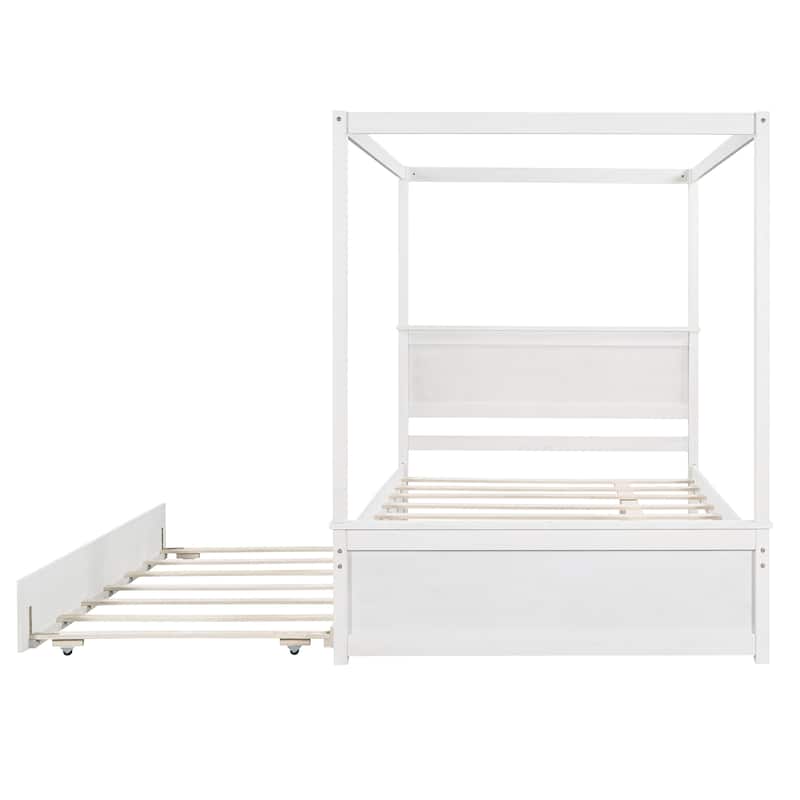 Wood Canopy Platform Bed with Trundle Bed