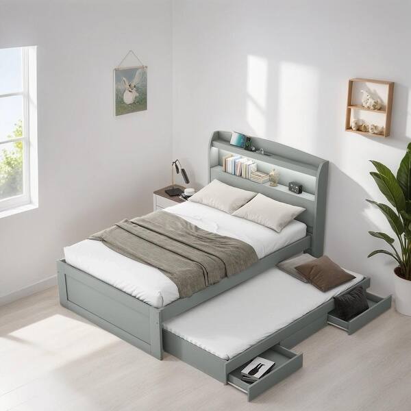 slide 2 of 9, Twin XL Size Platform Bed with LED Headboard, Storage Bed with Charging Station, Trundle and 2 Drawers, Subdued Gray Subdued Gray