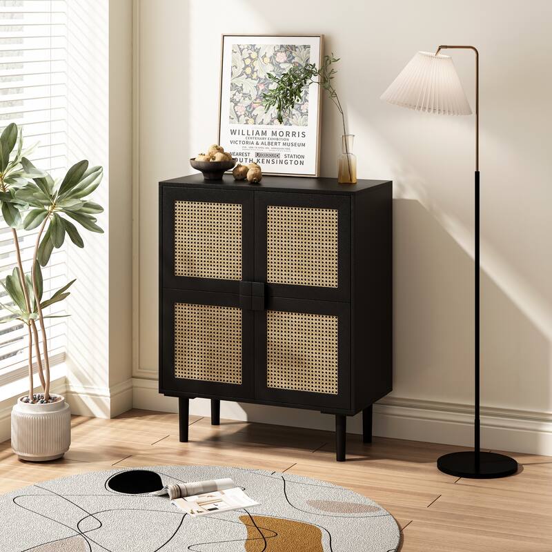 Modern Storage Cabinet with Adjustable Shelves and Four Rattan Mesh Decorative Doors