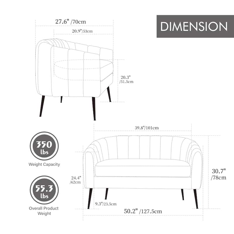 Roomfitters Chenille Living Room Set, 3-Piece Channel Tufted Loveseat and Accent Chairs with Metal Legs for Small Spaces, Black