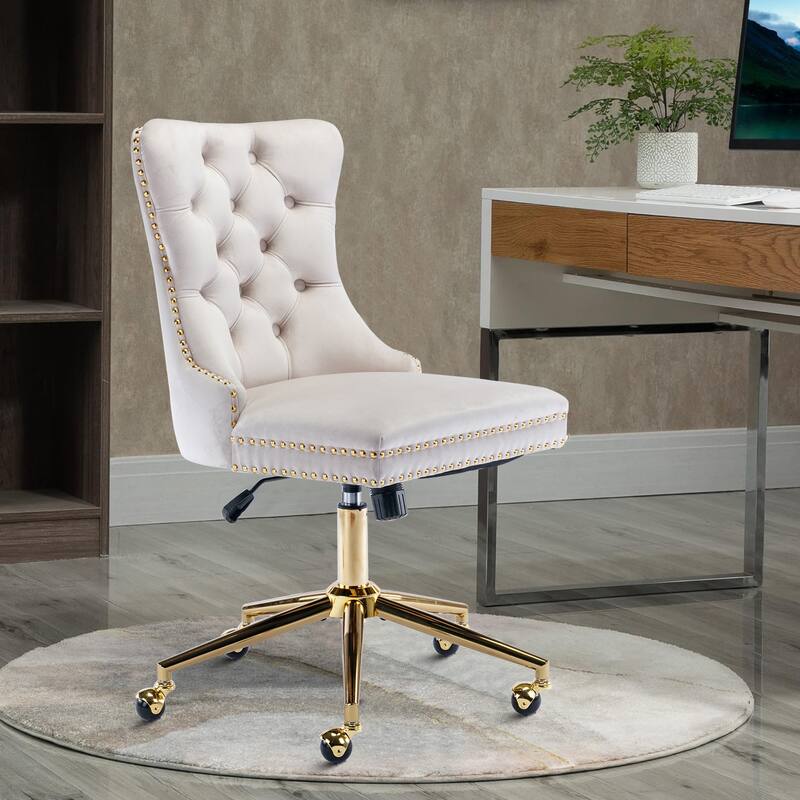 Elegant Luxurious Velvet Upholstered Office Chair with Wooden Frame and Gold Metal Base - Beige