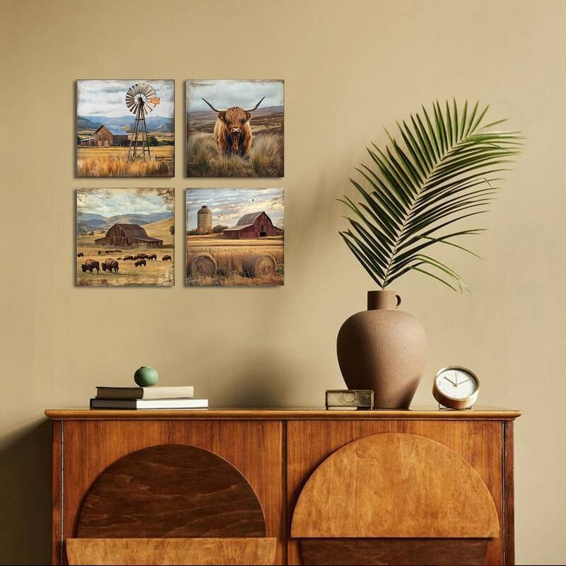 Cow Wall Art Farmhouse Kitchen Decor Rustic Windmill Barn
