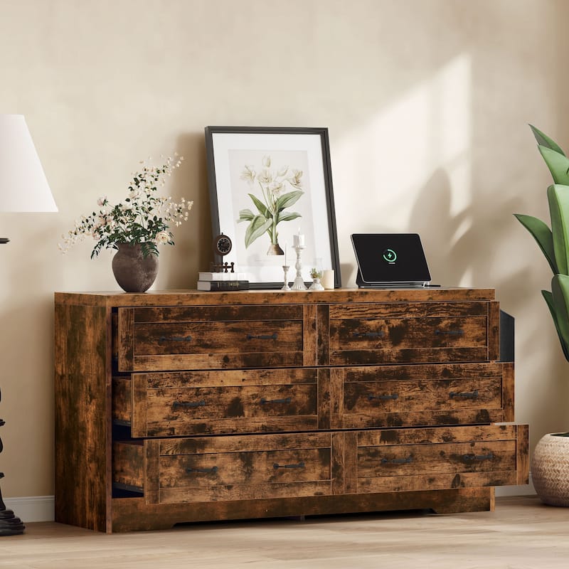 Vintage 6 Drawers Double Dresser Chest of Drawers with Charging Station - Brown - 6-drawer