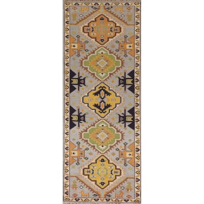 Geometric Kazak Indian Runner Rug Hand-Knotted Wool Carpet - 2'7"x 8'0"