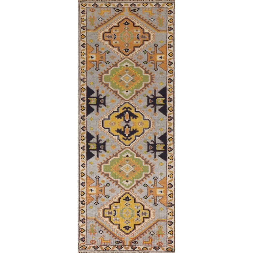 Geometric Kazak Indian Runner Rug Hand-Knotted Wool Carpet - 2'7"x 8'0"