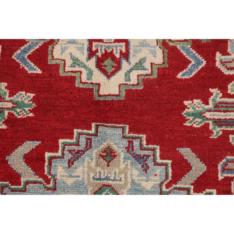 Red Geometric Kazak Rug Handmade Wool Carpet - 3'11" x 5'7"
