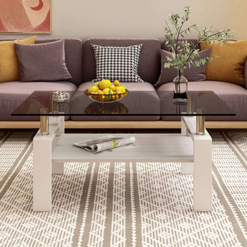 Rectangle Coffee Table, Tempered Glass Tabletop with MDF Layer, Modern Table for Living Room, Gray Glass - White