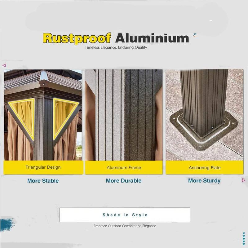 Erommy Pro Series Outdoor Galvanized Steel Roof Gazebo Pergola w/ Aluminum Frame & Vertical Rain Cutter