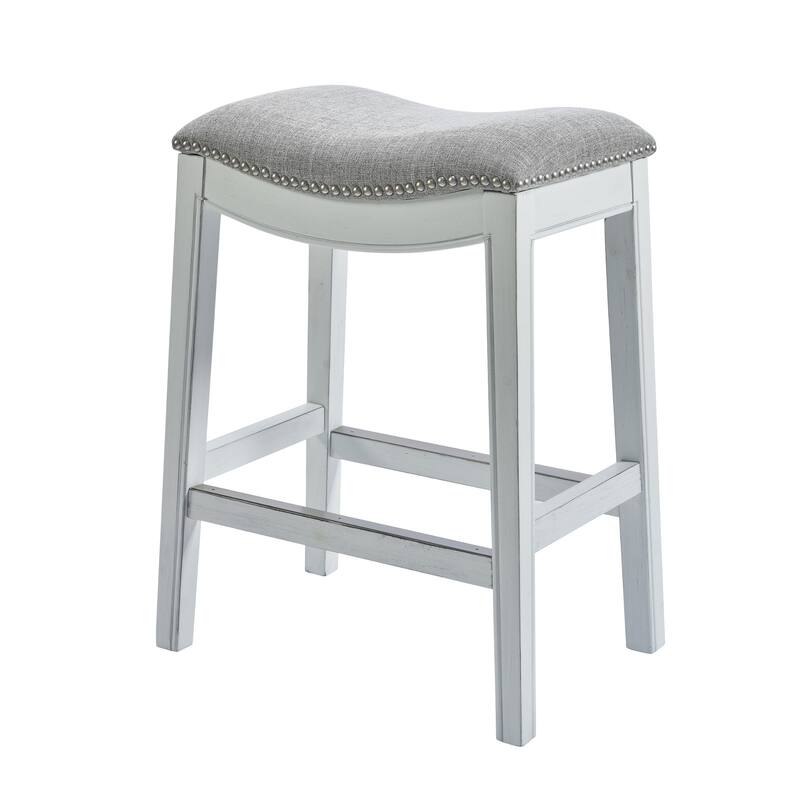 Linen Saddle Seat Bar Stool with Nail Head Trim and Footrest - Light Grey-31-Inch