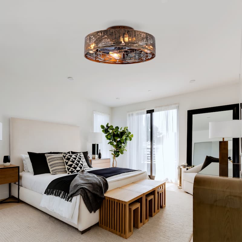 20 inch Flush Mount Ceiling Fan Light with Remote Caged Farmhouse Fandelier Black Wood Low Profile