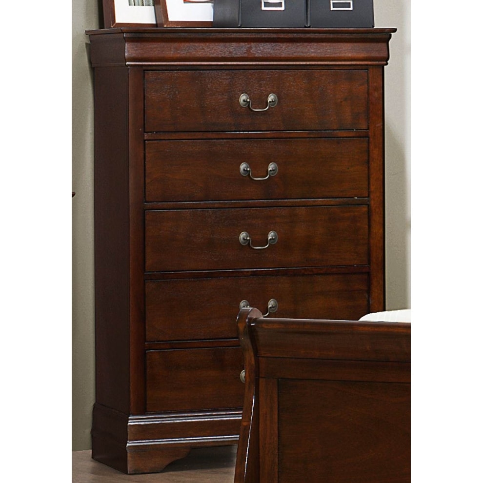 Benjara 5 Drawer Wooden Chest with Metal Hardware, Cherry Brown