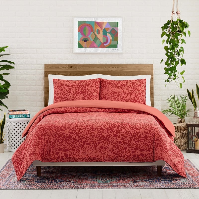 Birds and Bee 3-Piece Duvet Cover Set by Jungalow - Red - King
