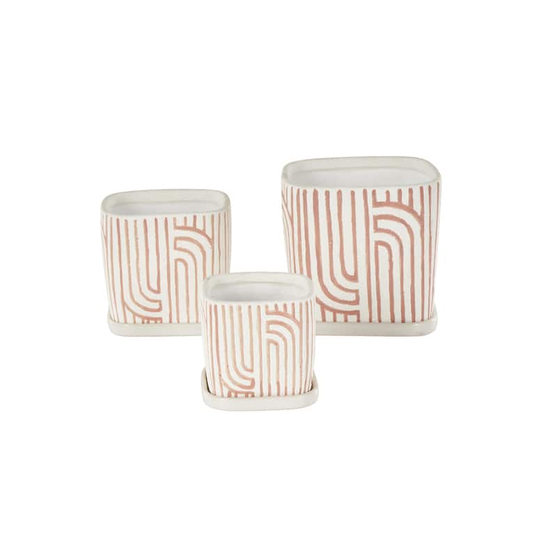 Ceramic Arched Patterned Indoor Outdoor Planter with Attached Saucer - Set of 3 Black, Green or Pink - Roche River Decor