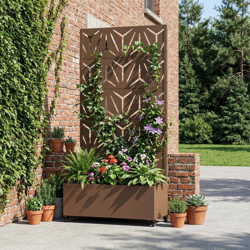 Metal Galvanized Planter Box with Trellis Privacy Screen Lockable Wheels