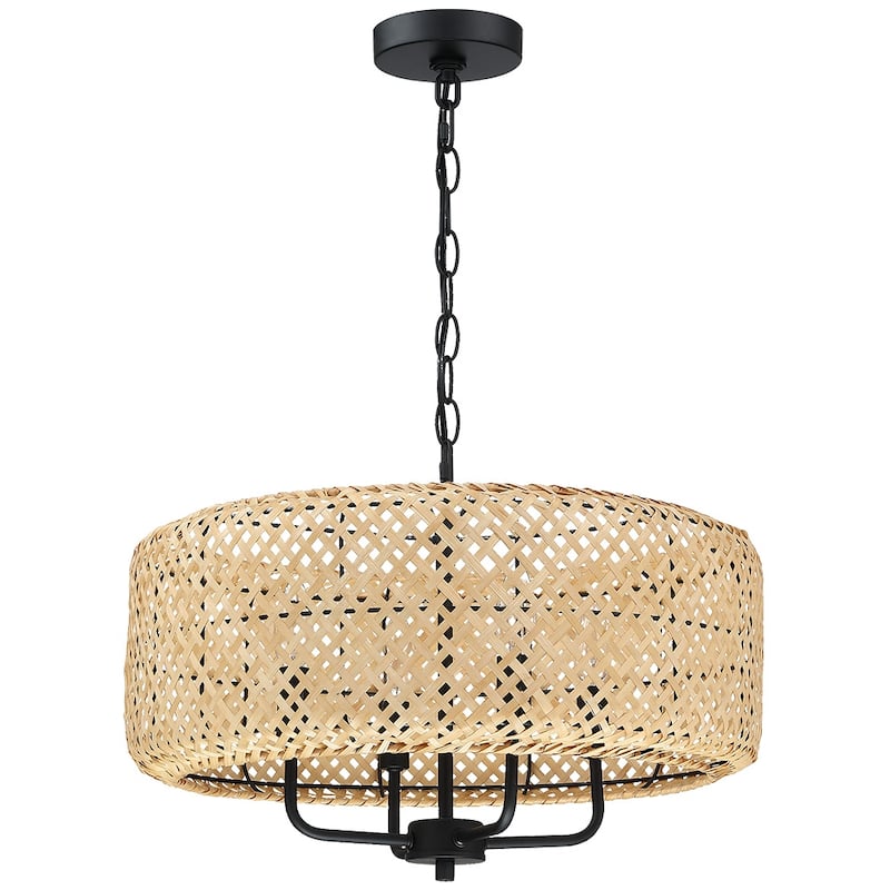 4-Light Bohemian Bamboo Drum Chandelier - Black/Wheat - 19.7 in. W