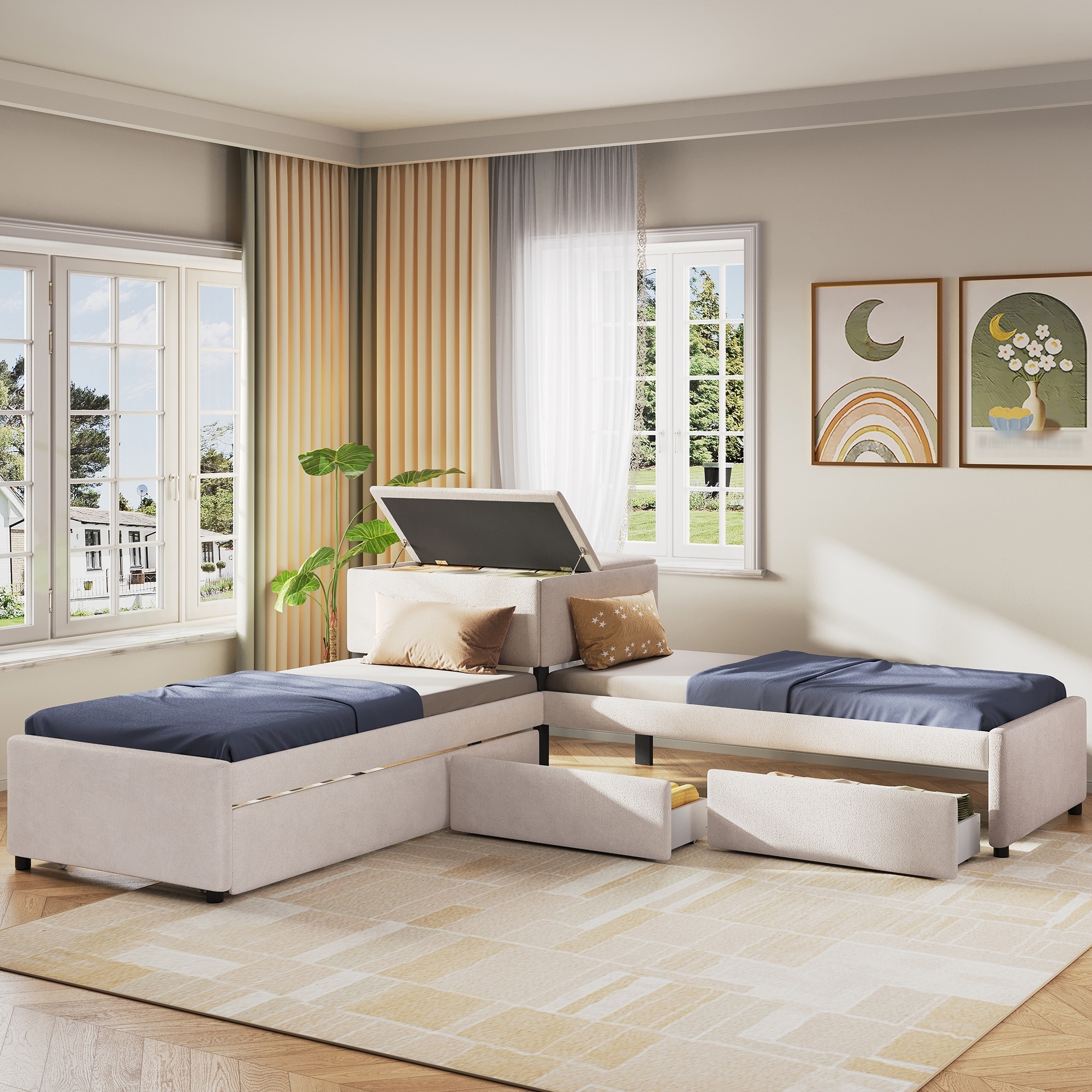 GDFStudio Dashiell Farrow L-shaped Platform Bed with Trundle, Desk, and Drawers