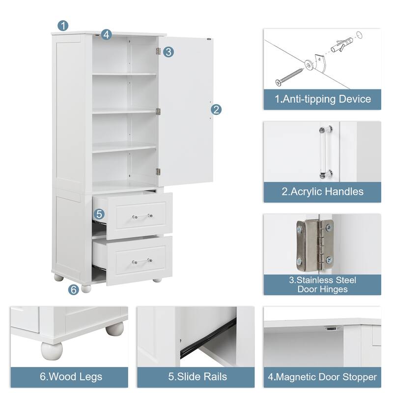 Tall Bathroom Storage Cabinet, Freestanding Storage Cabinet with Two Drawers and Adjustable Shelf