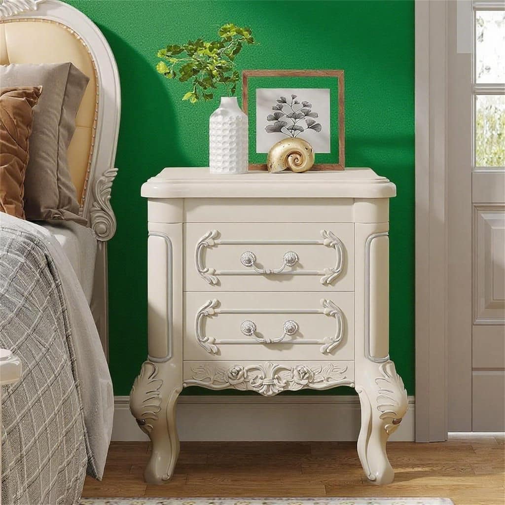 Classical White Nightstand with Carved Patterns & Silver Accents