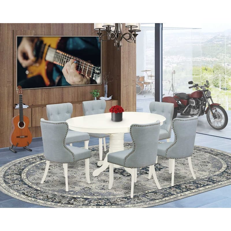 HomeStock 7-Piece Oval Linen White Finish Solid Wood Top Dining Table with 6-Chairs with Butterfly Leaf Lattice Back