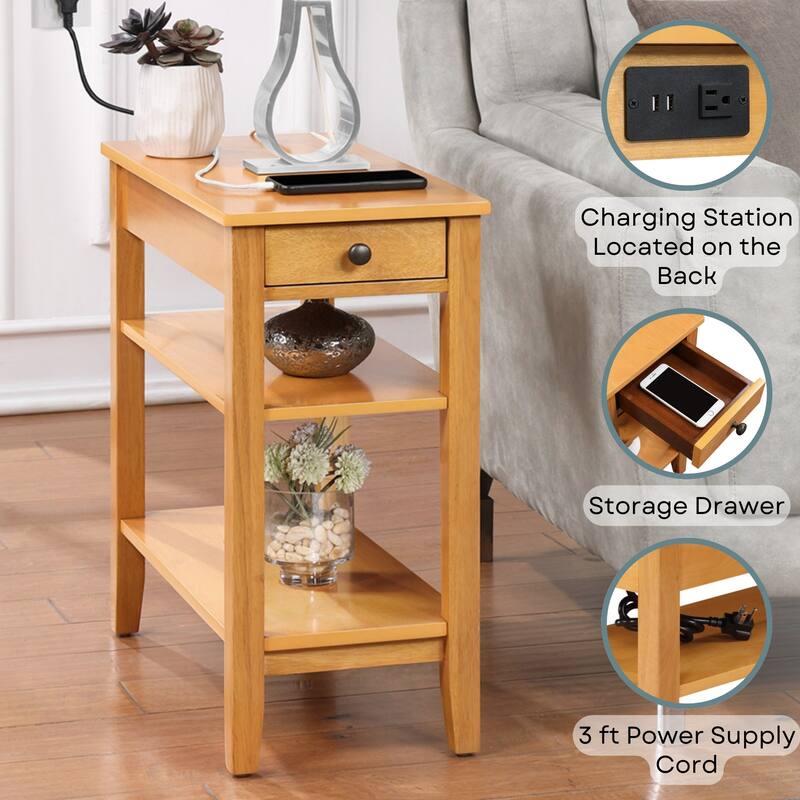 Convenience Concepts American Heritage 1 Drawer Chairside End Table with Charging Station and Shelves