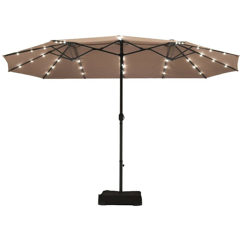 15 Ft Solar LED Patio Double-sided Umbrella Market Umbrella with Weight Base - 15' x 8' (W x H) - Tan