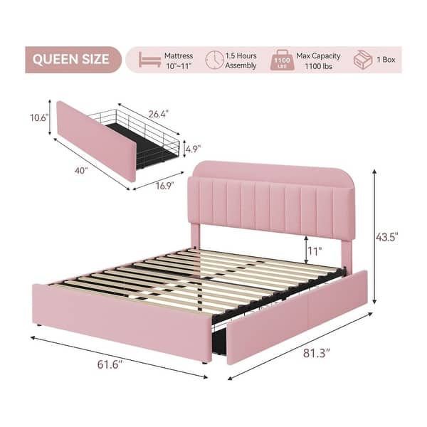 dimension image slide 3 of 13, Garvee Bedroom Boucle Platform Bed Frame, Storage Headboard, 2 Drawers