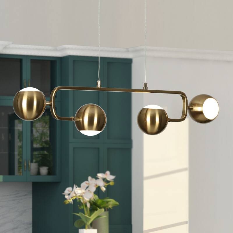 Modern 4-Light 31.5" Gold Brass LED Chandelier Metal Linear Island Lights for Dining Room