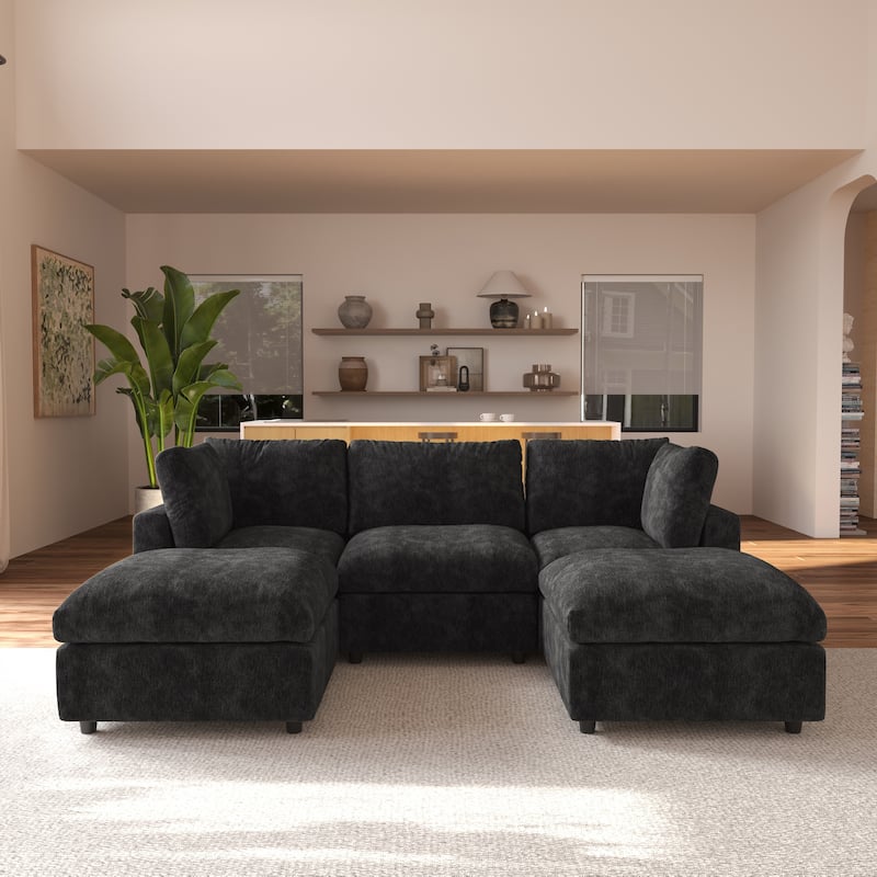 Modern Cloud Sectional Couches for Living Room Set, Chenille U-shaped Sofa Couch - Black-3 seats+ 2 otoman