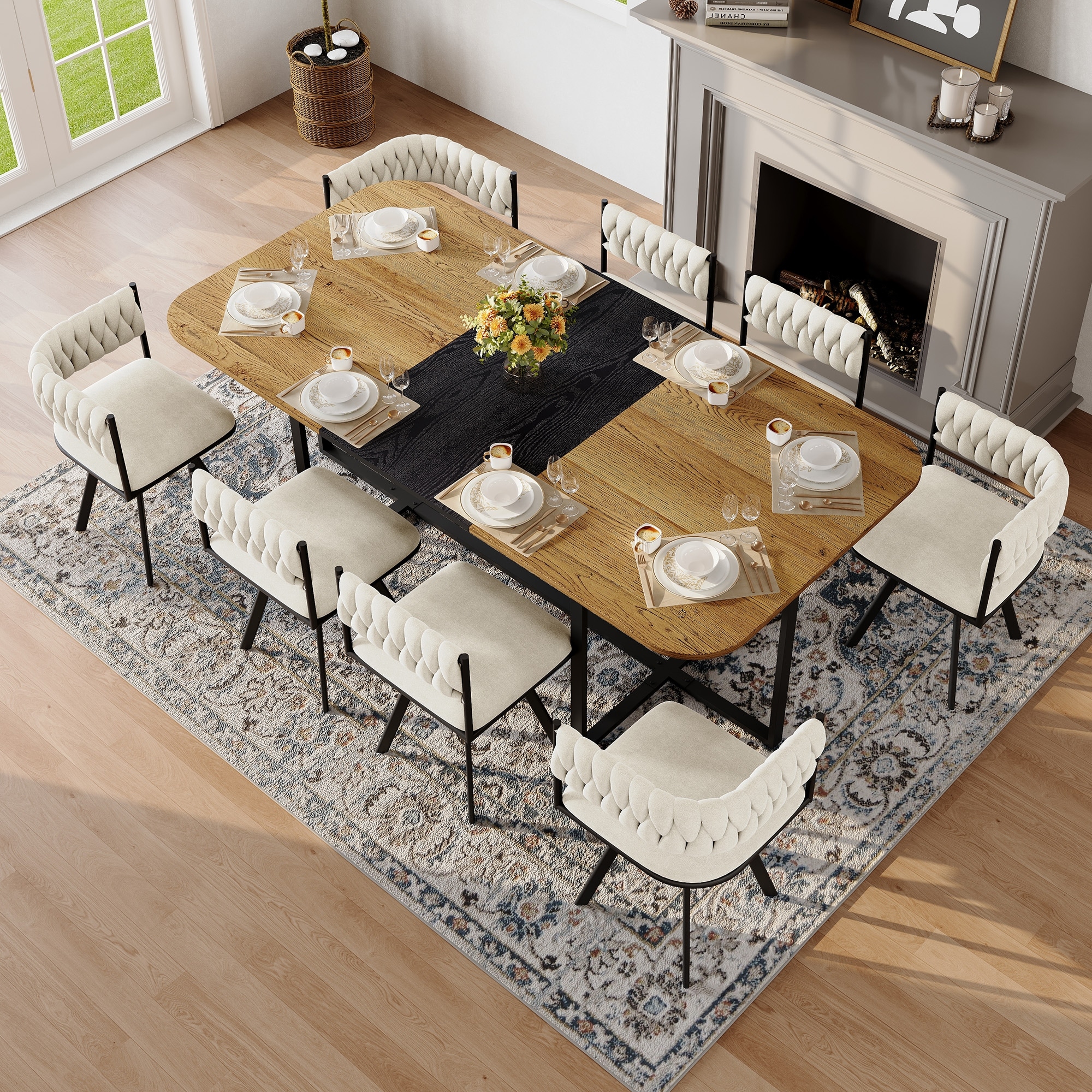 Dining Table Set with 8 Beige Velvet Dining Chairs