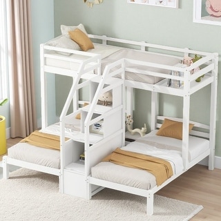 Triple Twin Bunk Bed Frame with Storage Steps and Center Drawer, Solid ...