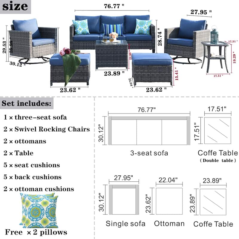 OVIOS 7-piece Patio Furniture Wicker Set with Swivel Rocking Chairs