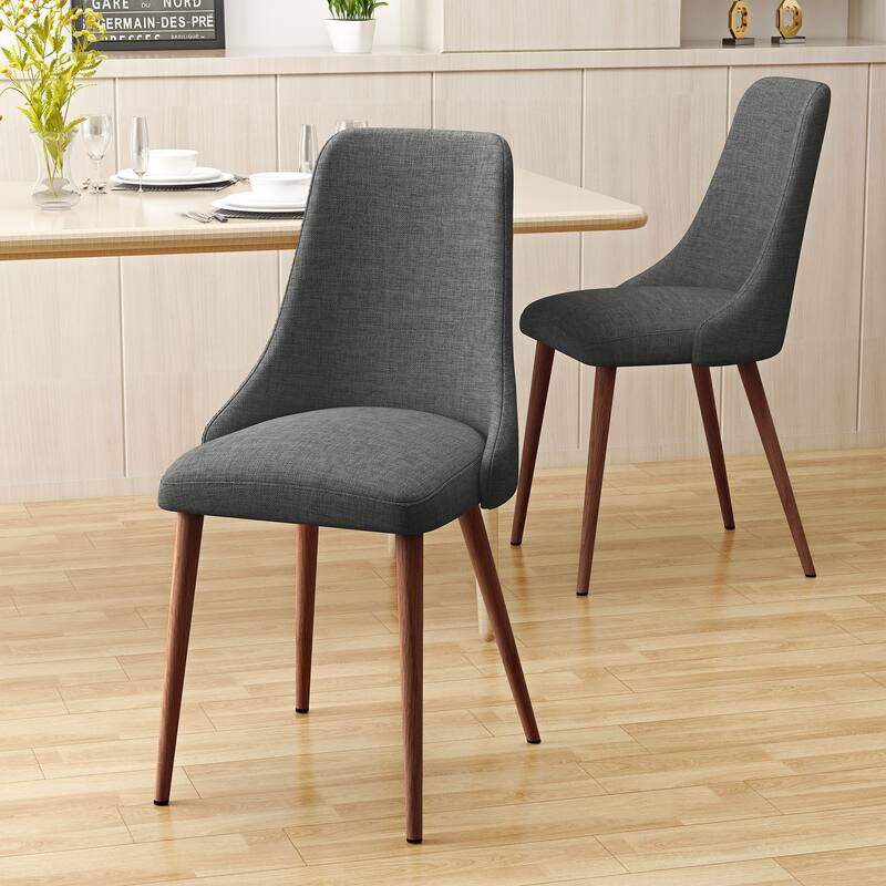 Handcrafted Fabric Dining Chairs Set of 2, Light Gray Upholstery, Walnut Finish Metal Legs, Mid Century Style for Dining Room