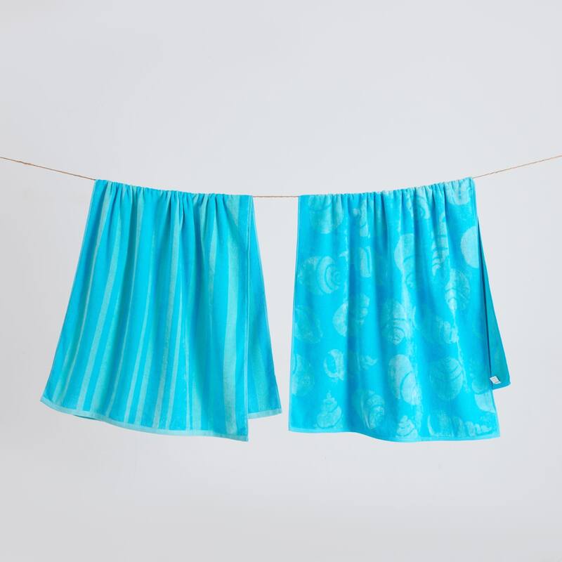 Luxurious Cotton Printed Beach Towel - Aqua Shell & Stripes
