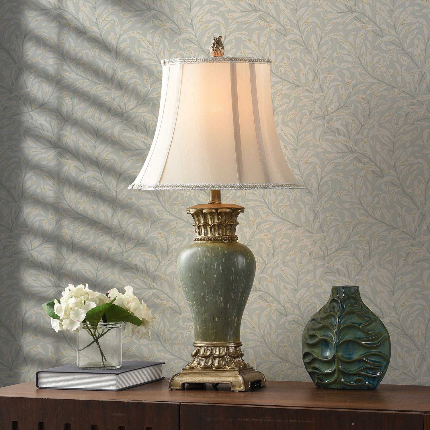 StyleCraft Table Lamp - Aged Sage Finish - Off-White Shade