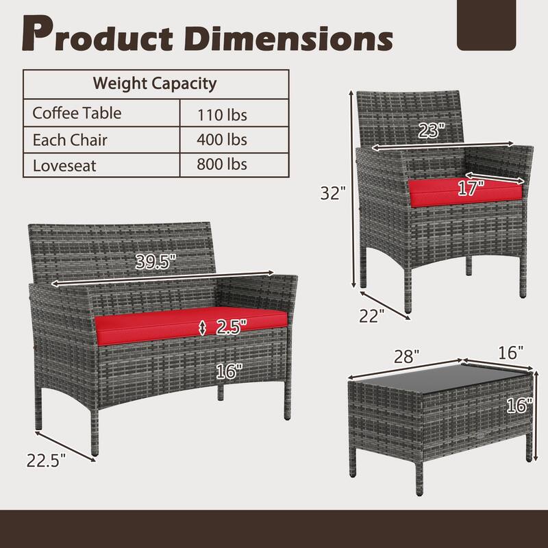 Gymax Set Of 4 Patio Furniture Set w/Washable Cushions & Tempered