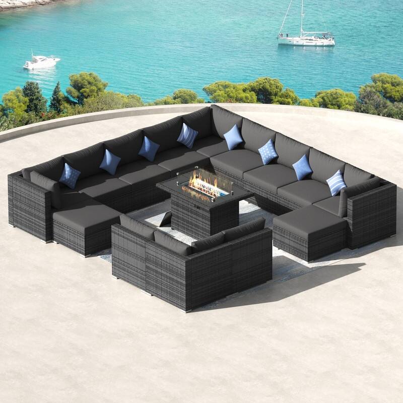 FINCATI 15-Piece Grey Wicker Patio Conversation Sofa Set with Ottomans, 43″ Fire Pit Table