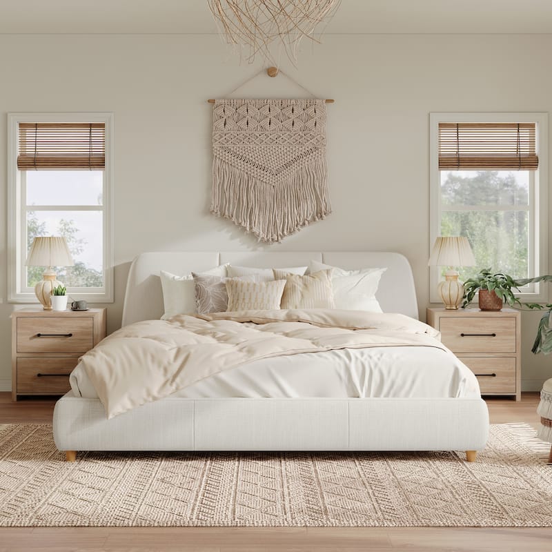 Roomfitters King Size Modern Upholstered Platform Bed Frame with Linen Fabric and Solid Wood Legs, White
