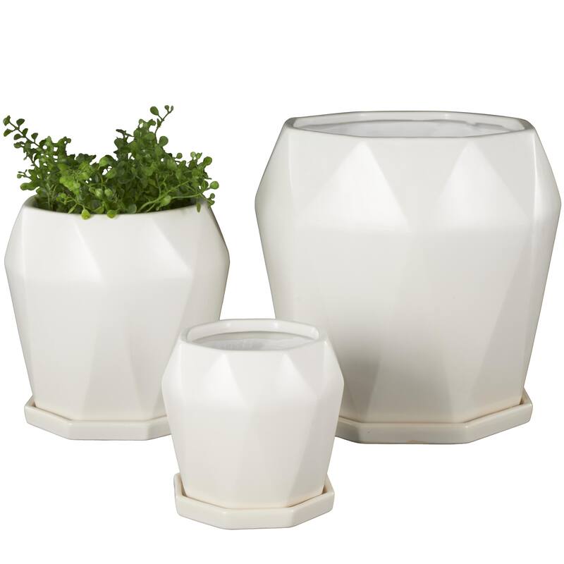Black or White Ceramic Patterned Geometric Indoor Outdoor Planter with Attached Saucer (Set of 3)
