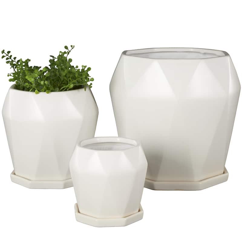Ceramic Geometric Patterned Indoor Outdoor Planter with Attached Saucer - Set of 3 Black or White- Roche River Decor - White