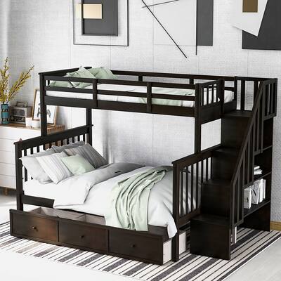 Twin-Over-Full Bunk Bed with Drawer and Guard Rail, Espresso Color