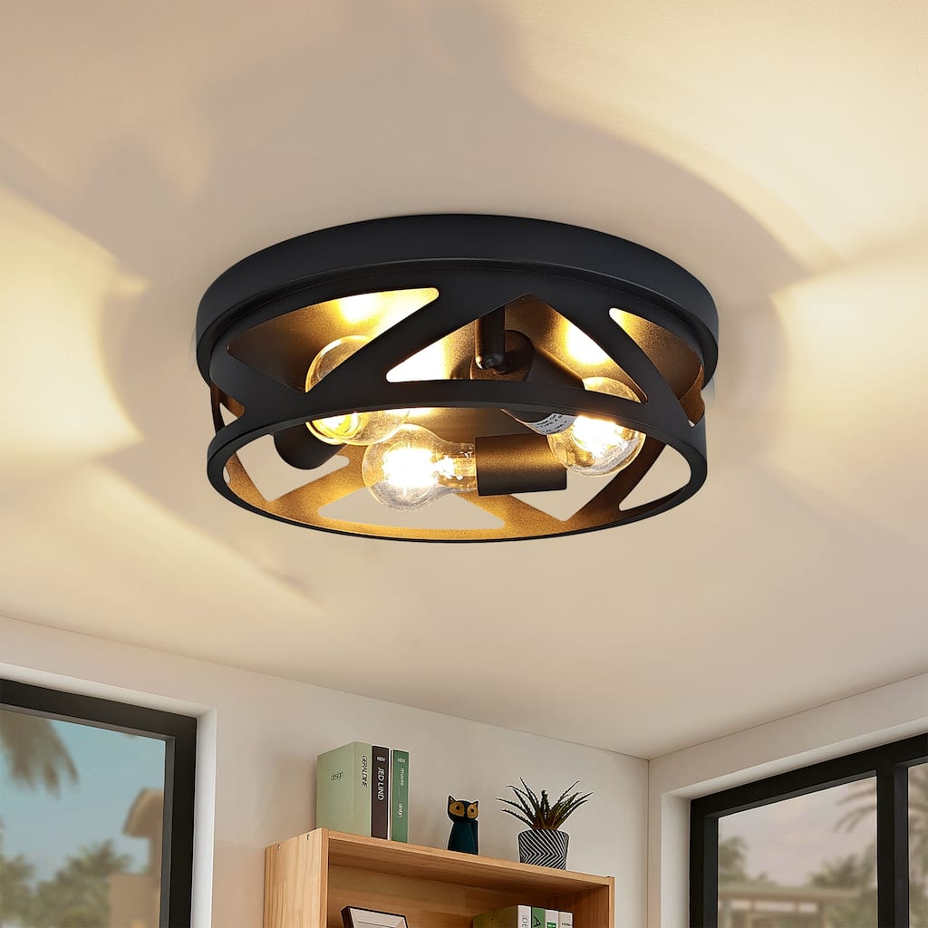 3-Light Industrial Flush Mount Ceiling Light, Black Metal Cage, E26 Base, Modern Farmhouse Lighting for Hallway, Bedroom