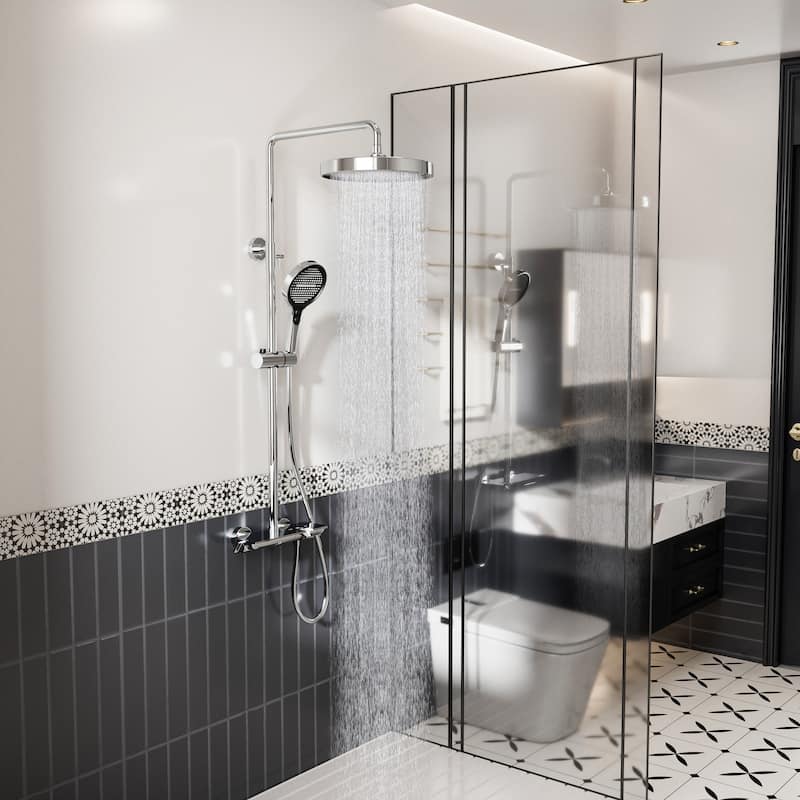 Modland 3-Function 11" Rainfall Shower System, Adjustable Slide Bar, 1.59GPM, Brushed Gold/Chrome