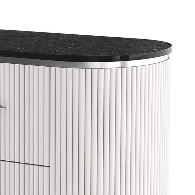 Alda Nightstand w 2 Drawers, Black Stone Top, Light Gray Wood, Silver