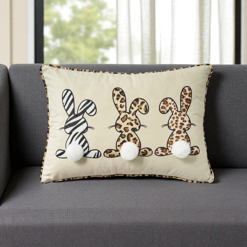 14" X 20" Beige Animal Print Applique Bunny Trio Lumbar Throw Pillow With Pompoms