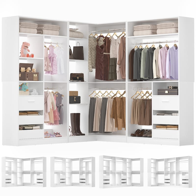 Qvella 72"-108" Closet System with Drawers and Hanging Rods,Freestanding Walk-in Closet Organizer System Wardrobe Closet Tower
